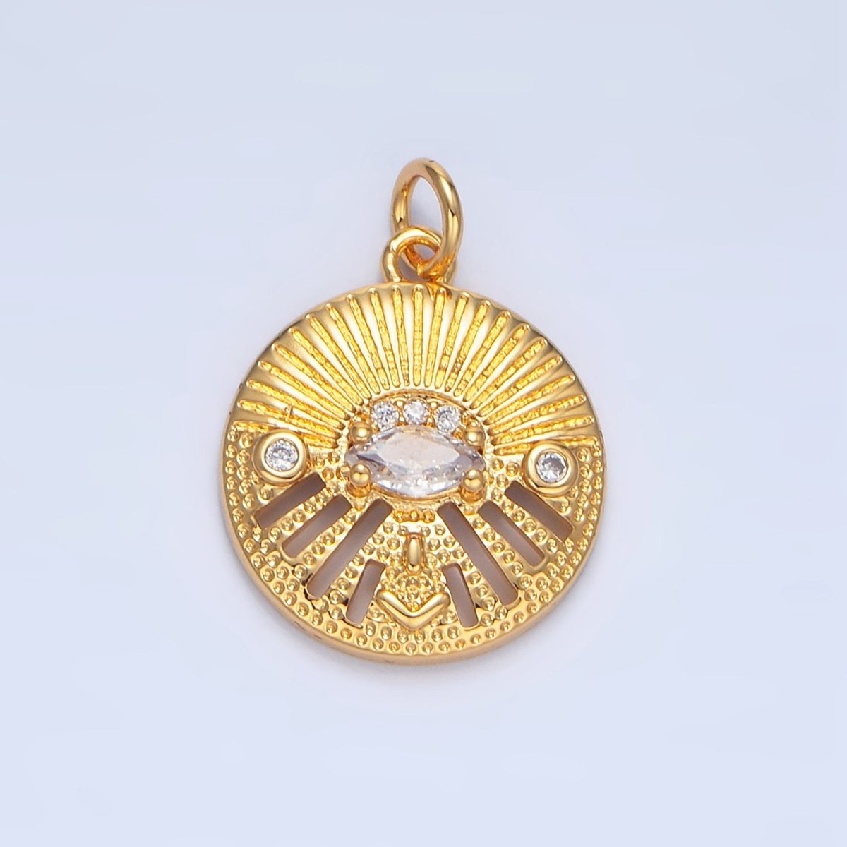 24K Gold plated Marquise CZ Evil Eye Textured Geometric Open Bar Round Charm | X820 - DLUXCA