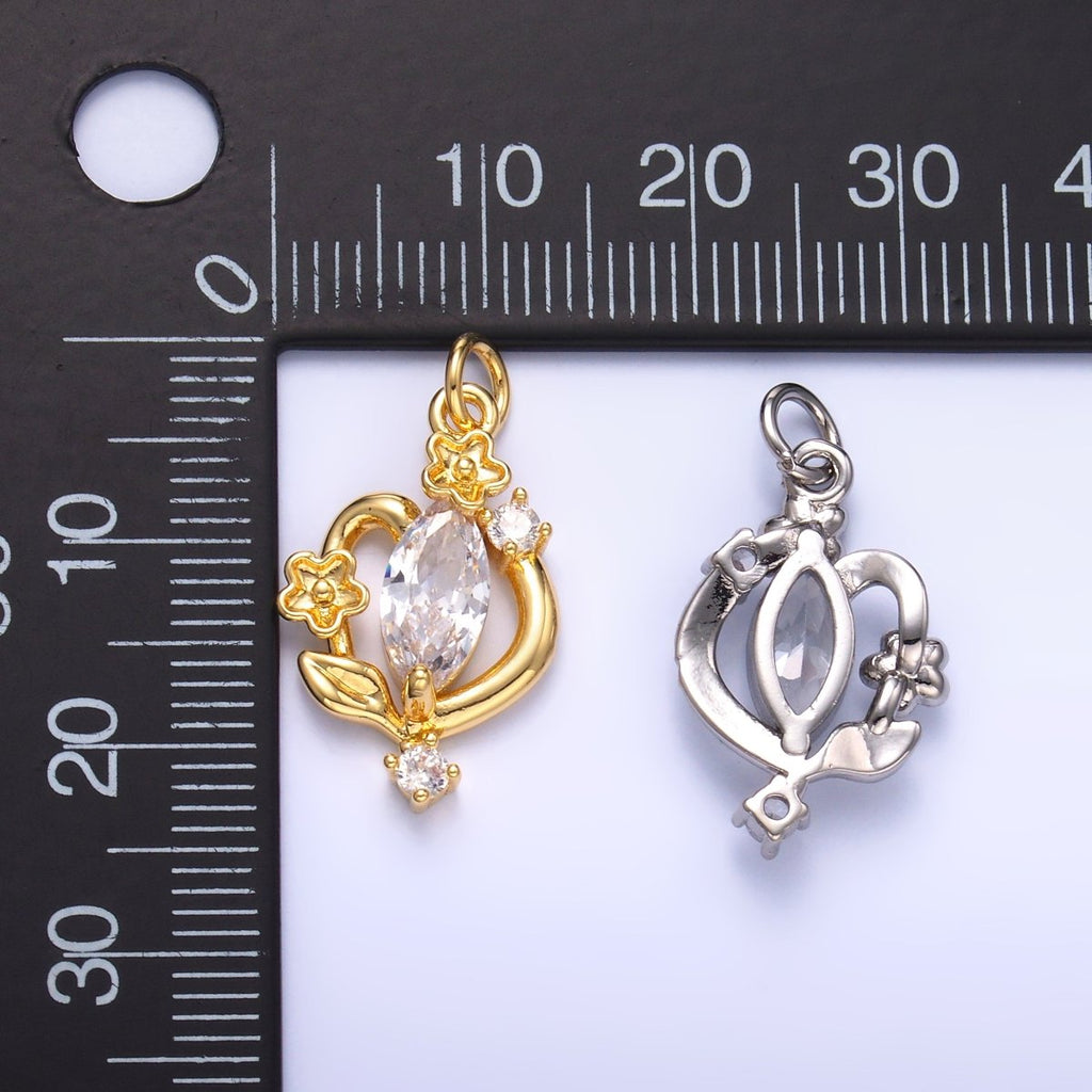 24K Gold plated Marquise CZ Vine Flower Charm in Gold & Silver | C031 