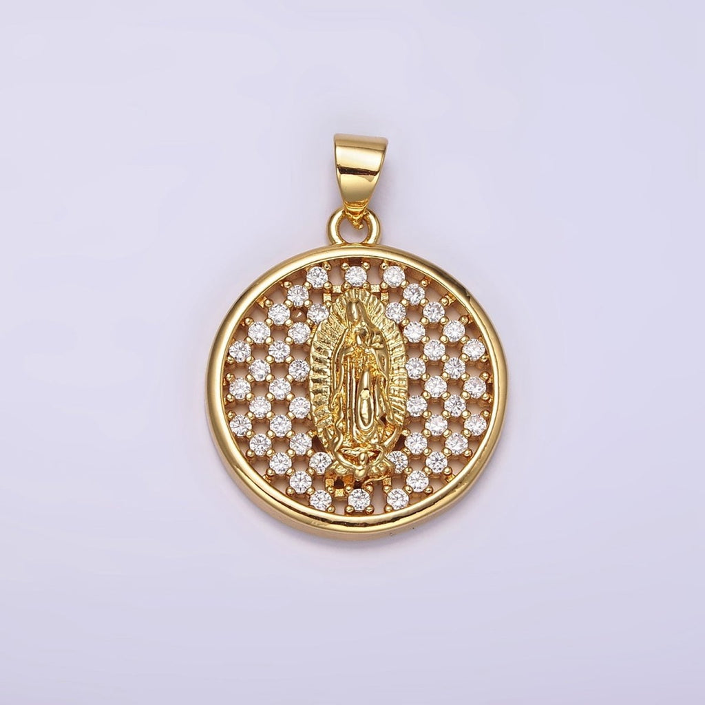 24K Gold plated Mary Lady Guadalupe Religious Open Clear CZ Checkered Round Charm | N1947 - DLUXCA