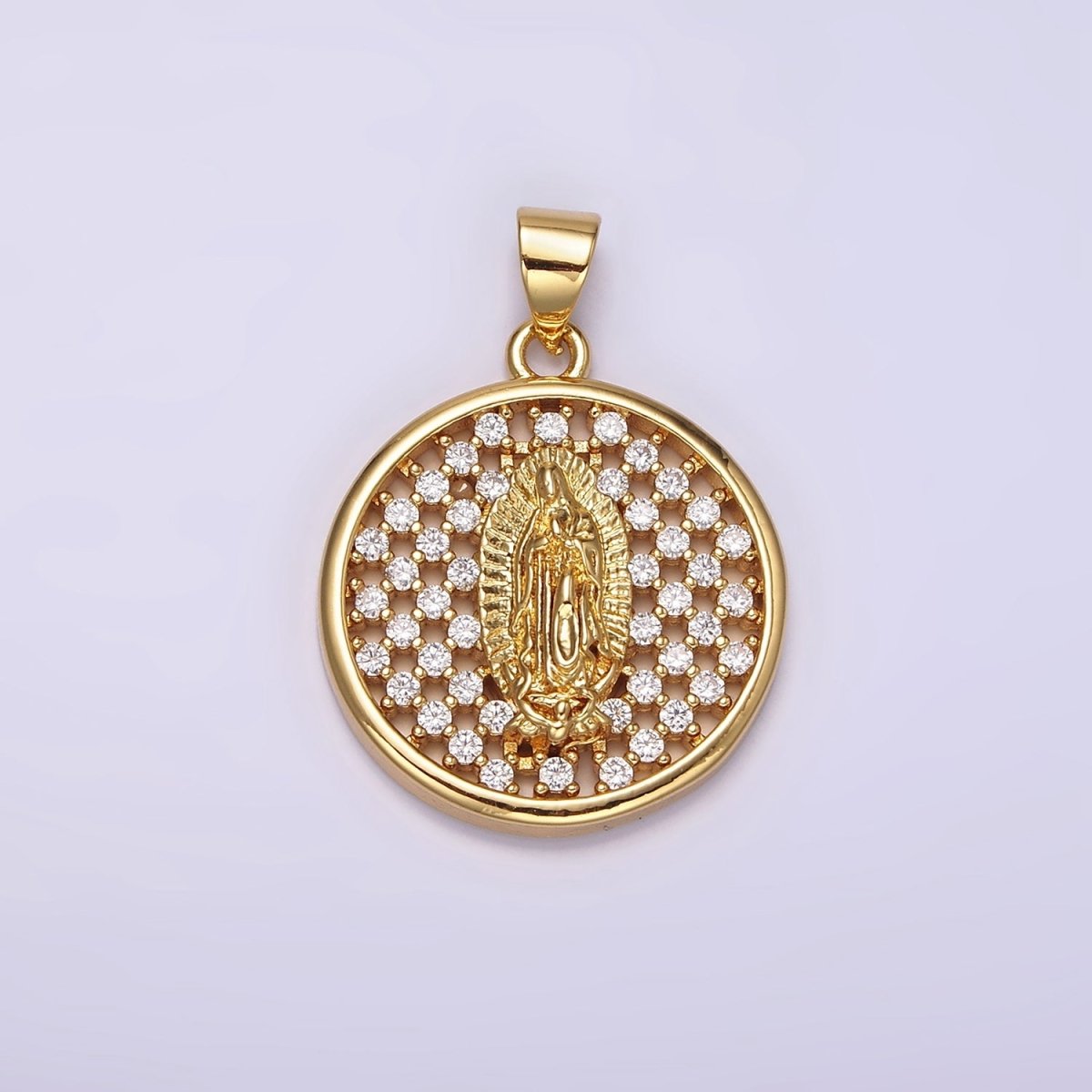 24K Gold plated Mary Lady Guadalupe Religious Open Clear CZ Checkered Round Charm | N1947 - DLUXCA