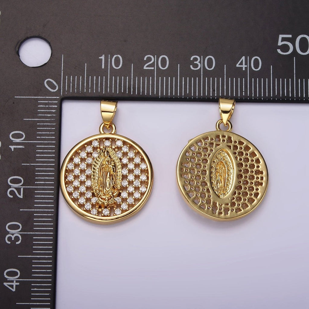 24K Gold plated Mary Lady Guadalupe Religious Open Clear CZ Checkered Round Charm | N1947 - DLUXCA