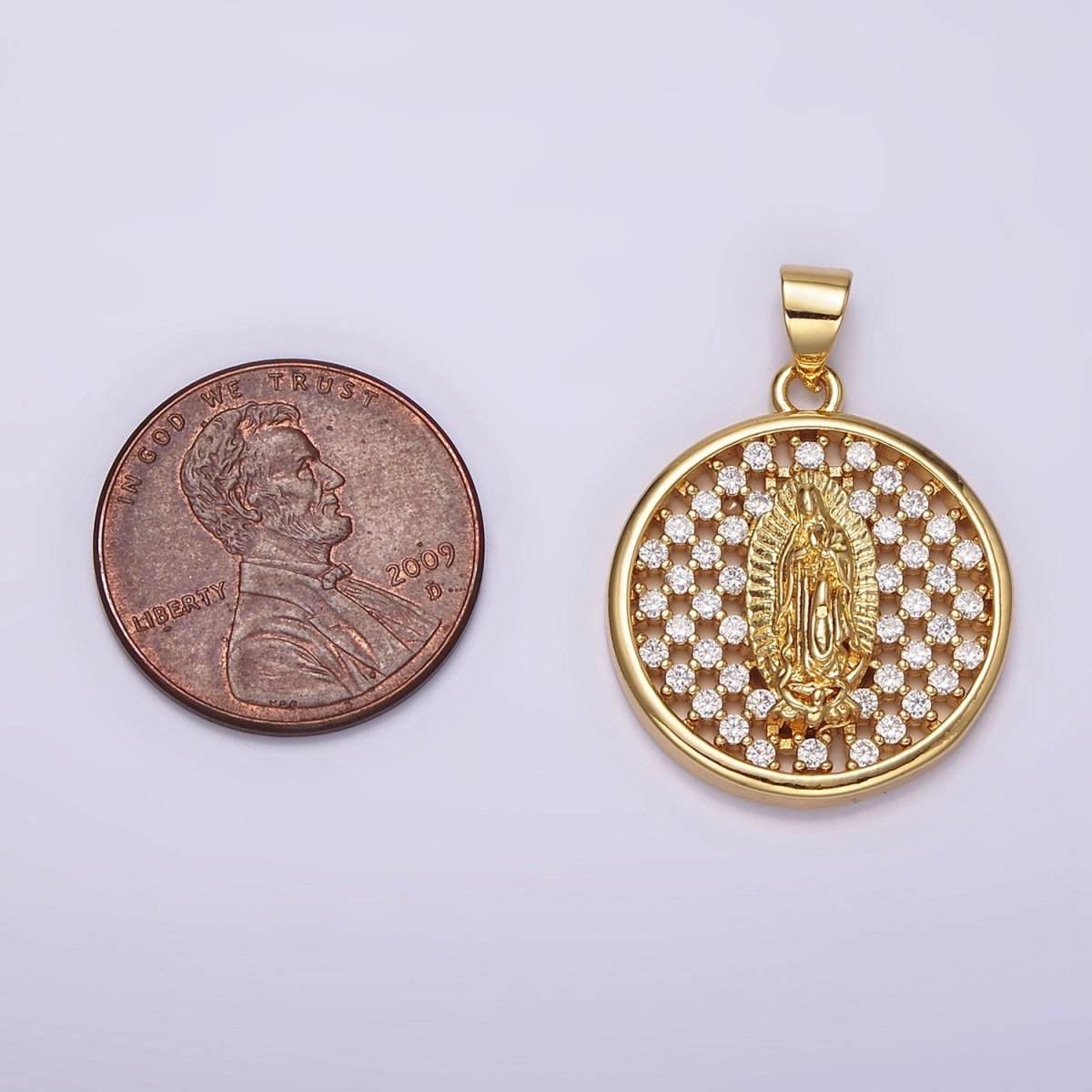 24K Gold plated Mary Lady Guadalupe Religious Open Clear CZ Checkered Round Charm | N1947 - DLUXCA