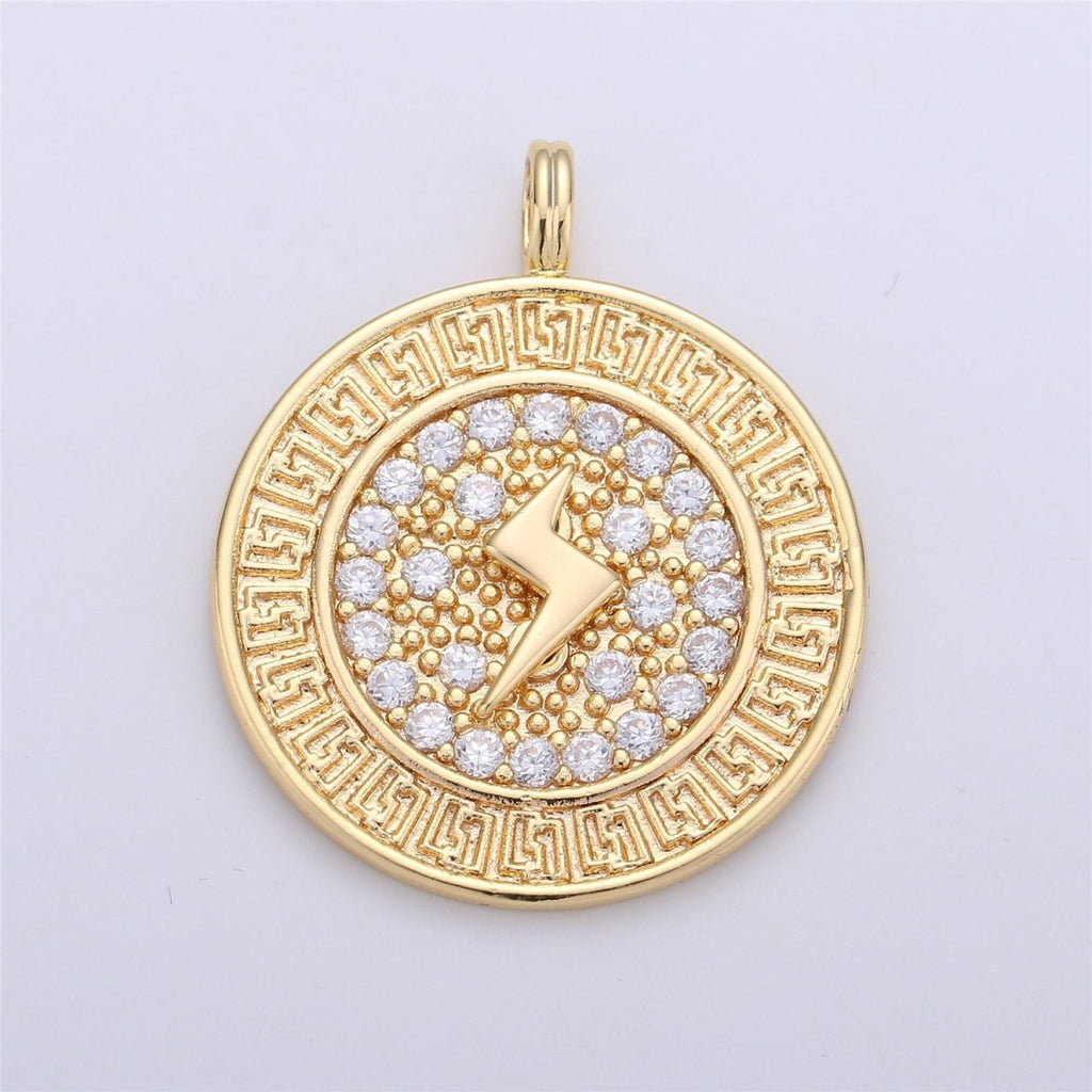 24k Gold plated Medallion Lightning Bolt Charm, CZ Micro Pave Lightning Bolt Charm Pendant, Thunder Charm 32x26mm C-658 - DLUXCA