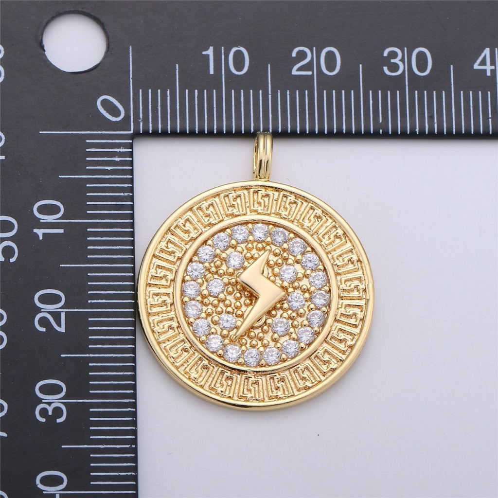 24k Gold plated Medallion Lightning Bolt Charm, CZ Micro Pave Lightning Bolt Charm Pendant, Thunder Charm 32x26mm C-658 - DLUXCA