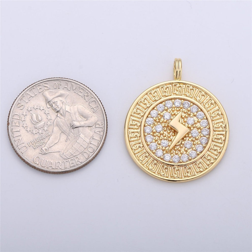 24k Gold plated Medallion Lightning Bolt Charm, CZ Micro Pave Lightning Bolt Charm Pendant, Thunder Charm 32x26mm C-658 - DLUXCA