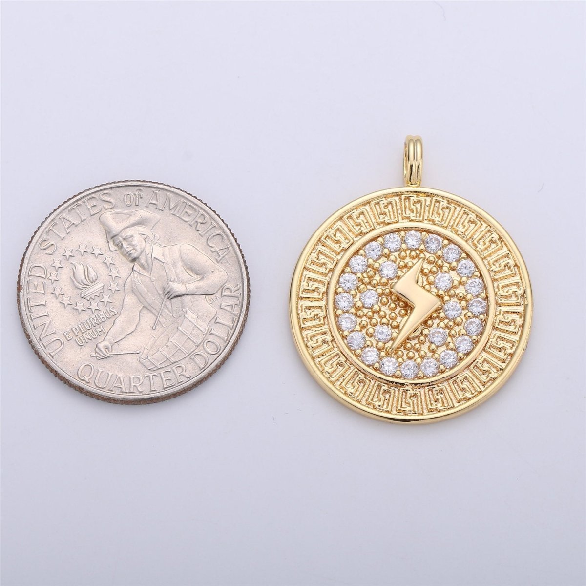 24k Gold plated Medallion Lightning Bolt Charm, CZ Micro Pave Lightning Bolt Charm Pendant, Thunder Charm 32x26mm C-658 - DLUXCA