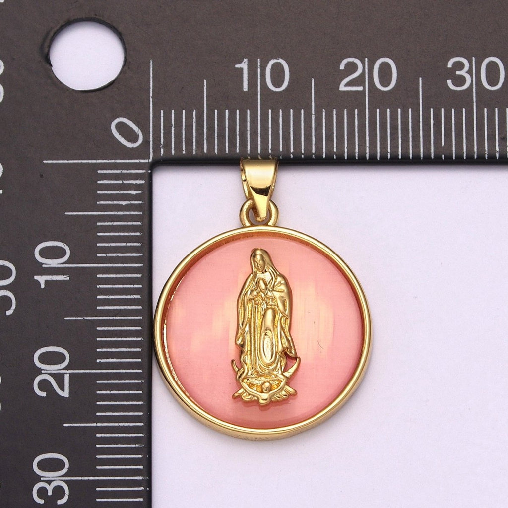 24k Gold plated Medallion Pink Virgin Mary Pendant Dainty Coin Charm Pendant for Necklace Bracelet / N-1436 - DLUXCA
