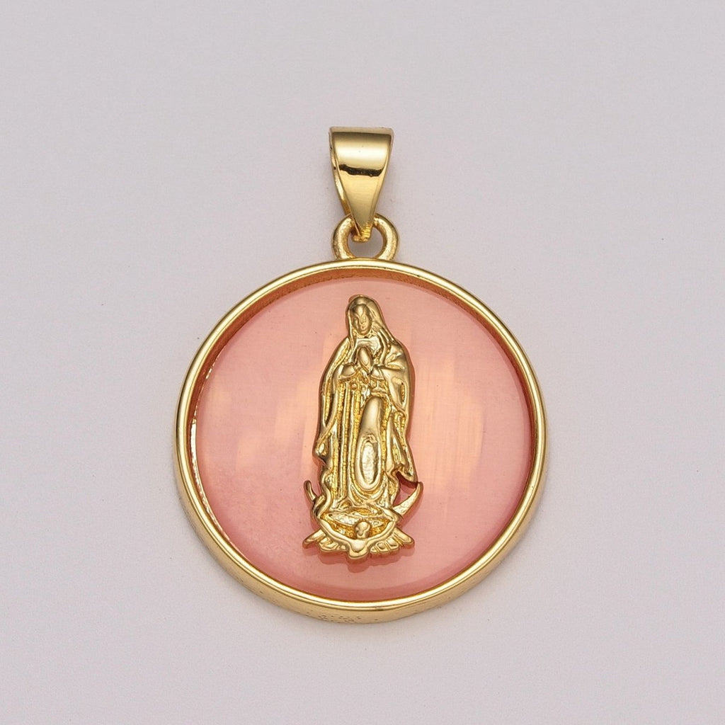 24k Gold plated Medallion Pink Virgin Mary Pendant Dainty Coin Charm Pendant for Necklace Bracelet / N-1436 - DLUXCA