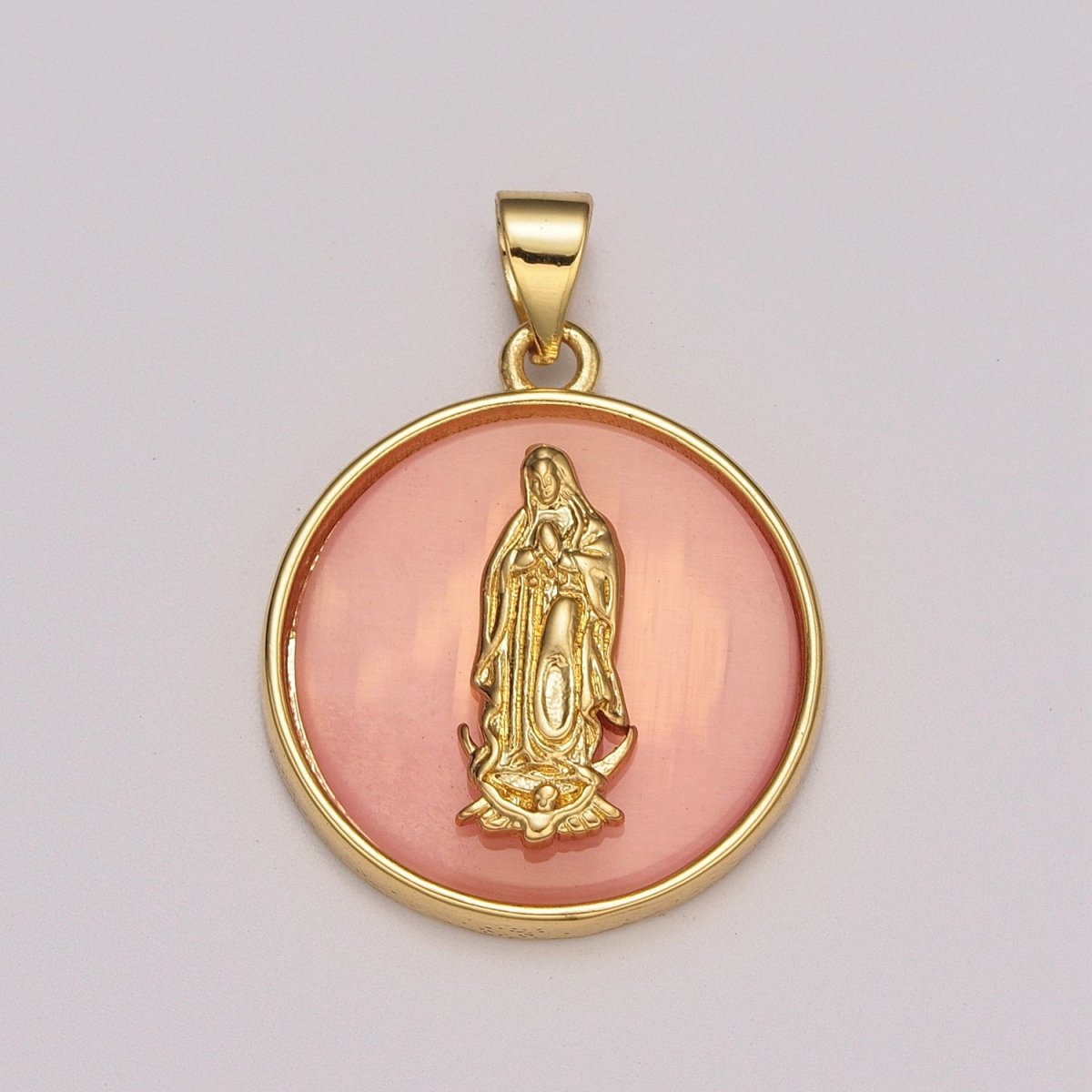 24k Gold plated Medallion Pink Virgin Mary Pendant Dainty Coin Charm Pendant for Necklace Bracelet / N-1436 - DLUXCA