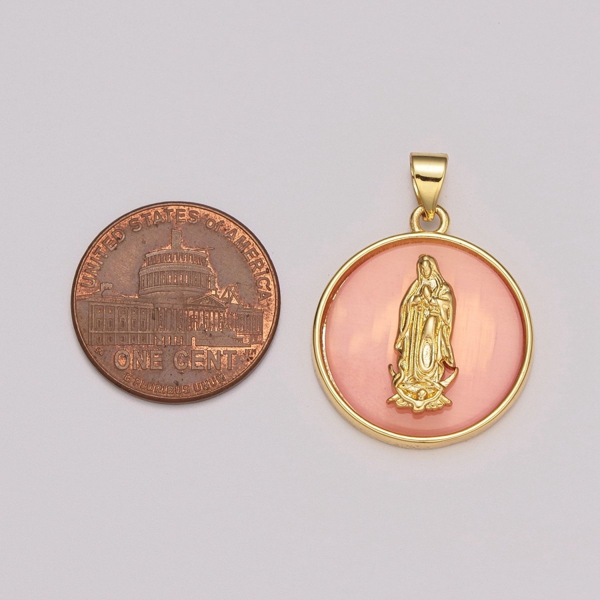 24k Gold plated Medallion Pink Virgin Mary Pendant Dainty Coin Charm Pendant for Necklace Bracelet / N-1436 - DLUXCA