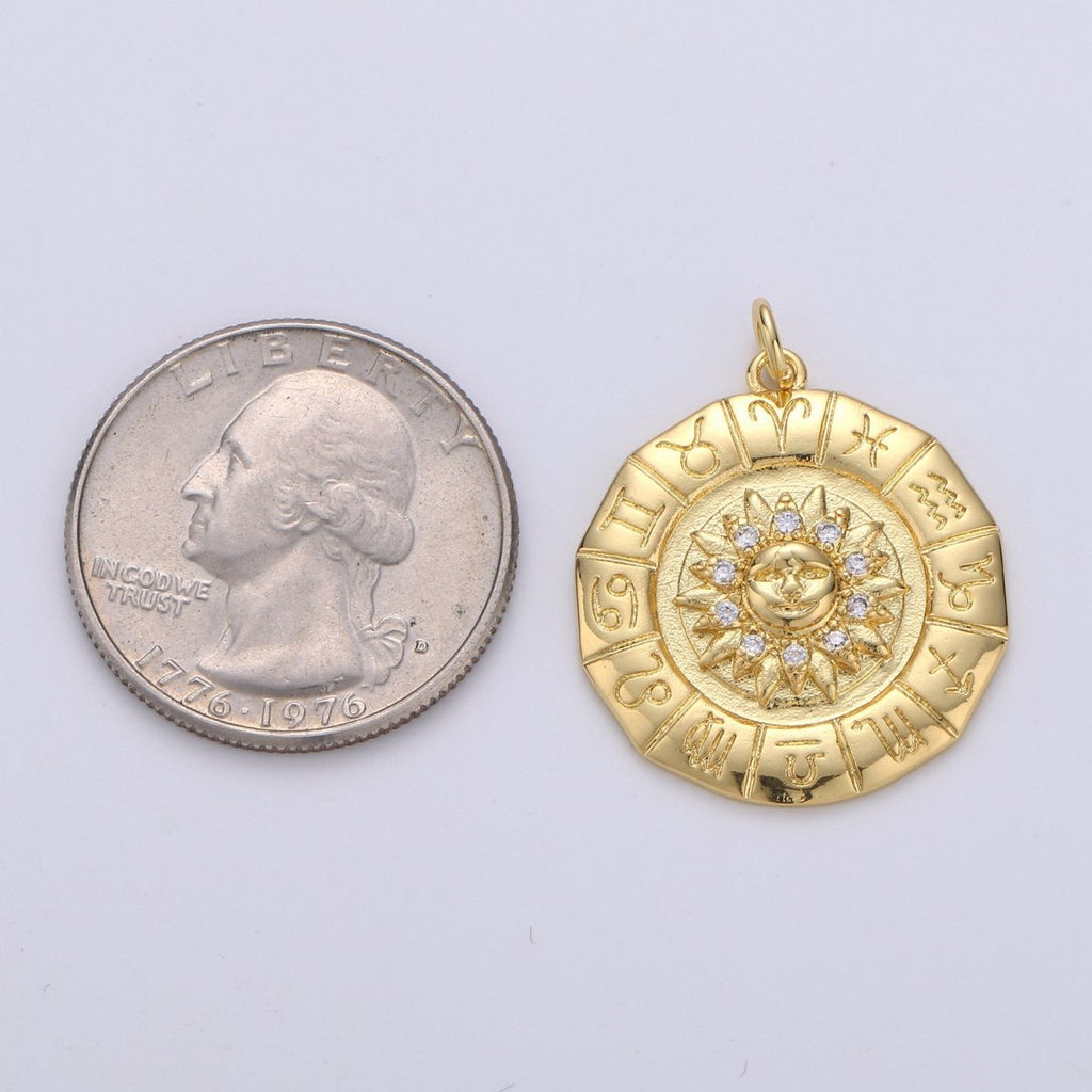 24k Gold plated Micro Pave Astrology Charm, Cubic Sun Pendant Charm, Zodiac Gold plated Charm, For DIY Necklace Bracelet Earring D-239 - DLUXCA