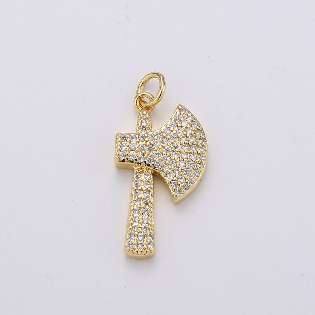 24k Gold plated Micro Pave Axe Charm, Cubic Zirconia Viking Axe Pendant Charm, Gold plated Charm, For DIY Jewelry D-114 - DLUXCA