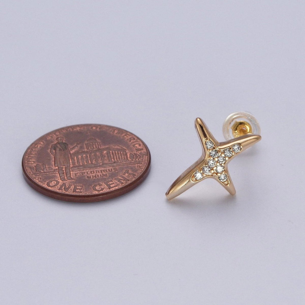 24K Gold plated Micro Pave Clear Cubic Zirconia CZ Cross X Stud Earrings P-431 - DLUXCA