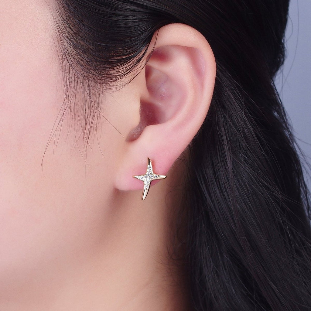 24K Gold plated Micro Pave Clear Cubic Zirconia CZ Cross X Stud Earrings P-431 - DLUXCA