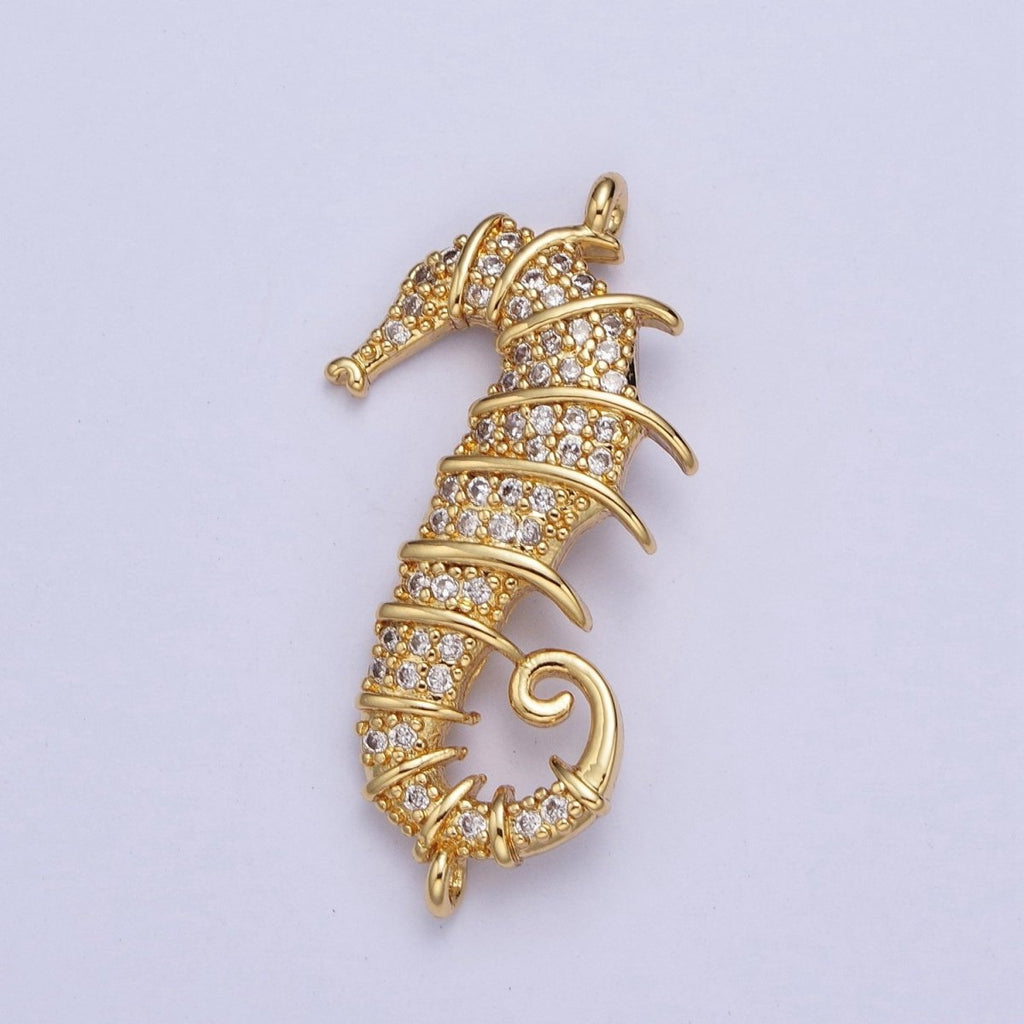 24K Gold plated Micro Pave Clear Cubic Zirconia Seahorse Ocean Sea Wildlife Animal Connector Charm For Jewelry Making G-884 - DLUXCA