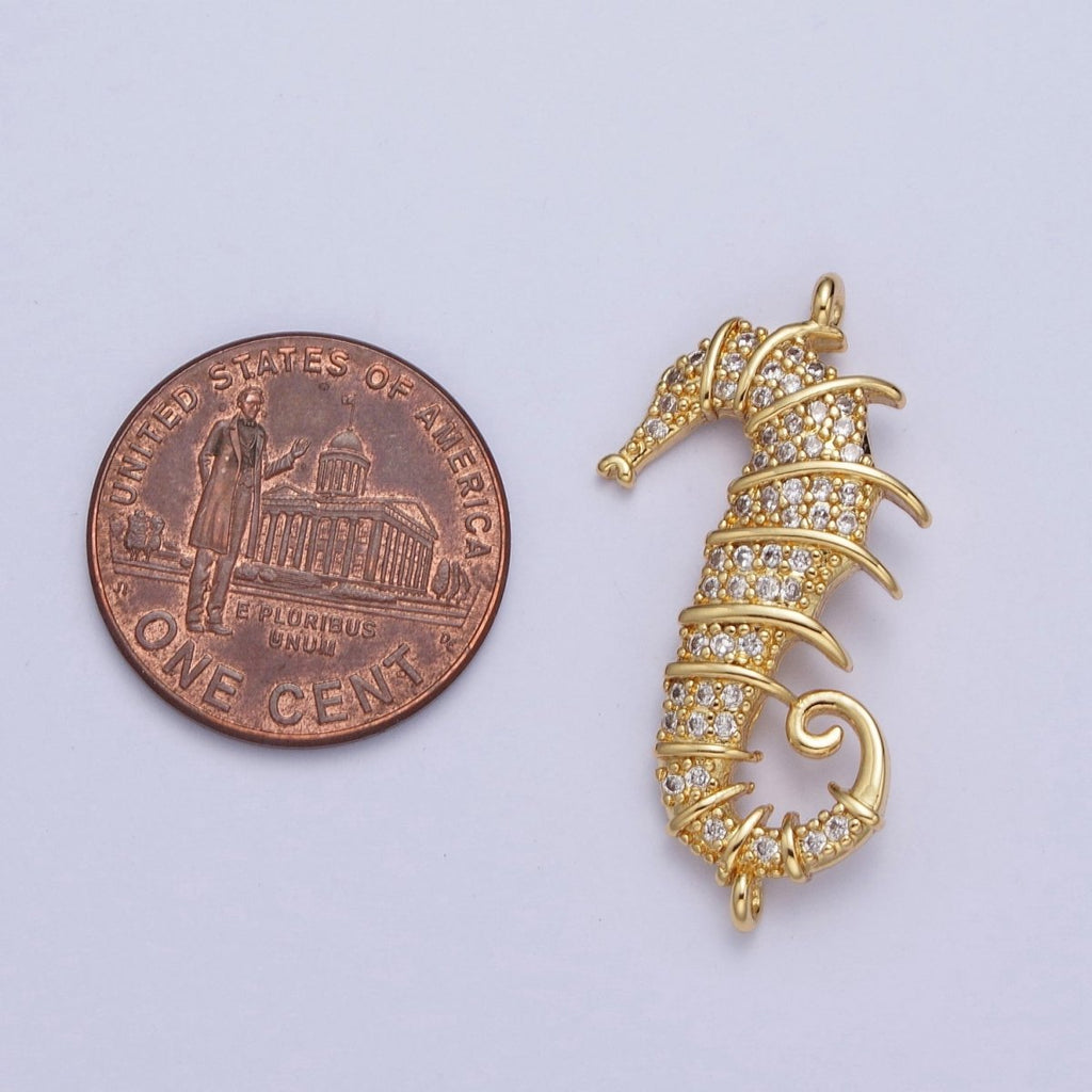 24K Gold plated Micro Pave Clear Cubic Zirconia Seahorse Ocean Sea Wildlife Animal Connector Charm For Jewelry Making G-884 - DLUXCA