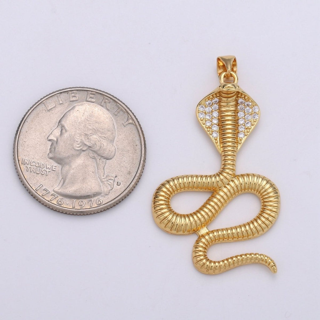 24k Gold plated Micro Pave Cobra Snake Charm, Cubic Zirconia Snake Pendant Charm, Gold plated Charm, For DIY Jewelry I-936 - DLUXCA
