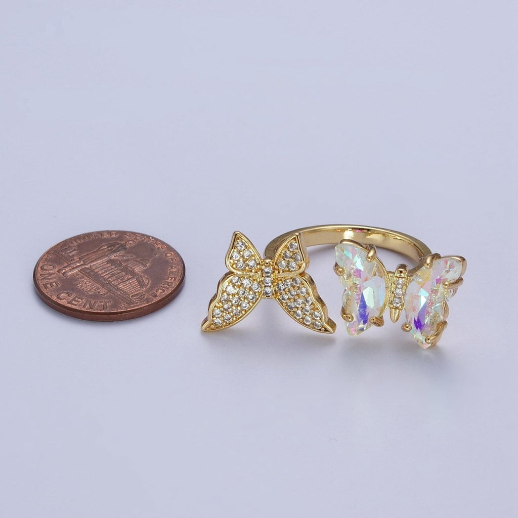 24K Gold plated Micro Pave Cubic Zirconia Butterfly & Acrylic Mariposa Double Insect Butterfly Open Ring S-243 - DLUXCA