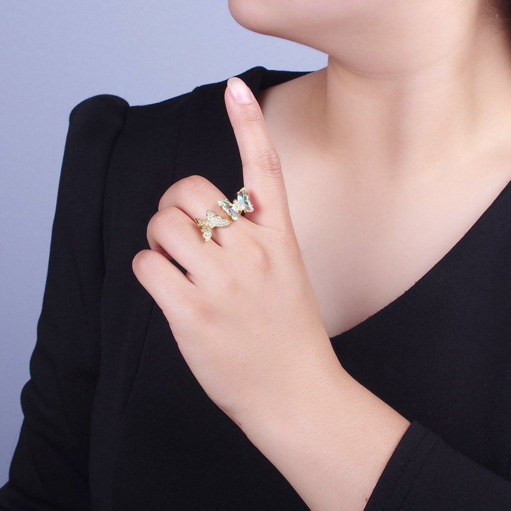 24K Gold plated Micro Pave Cubic Zirconia Butterfly & Acrylic Mariposa Double Insect Butterfly Open Ring S-243 - DLUXCA