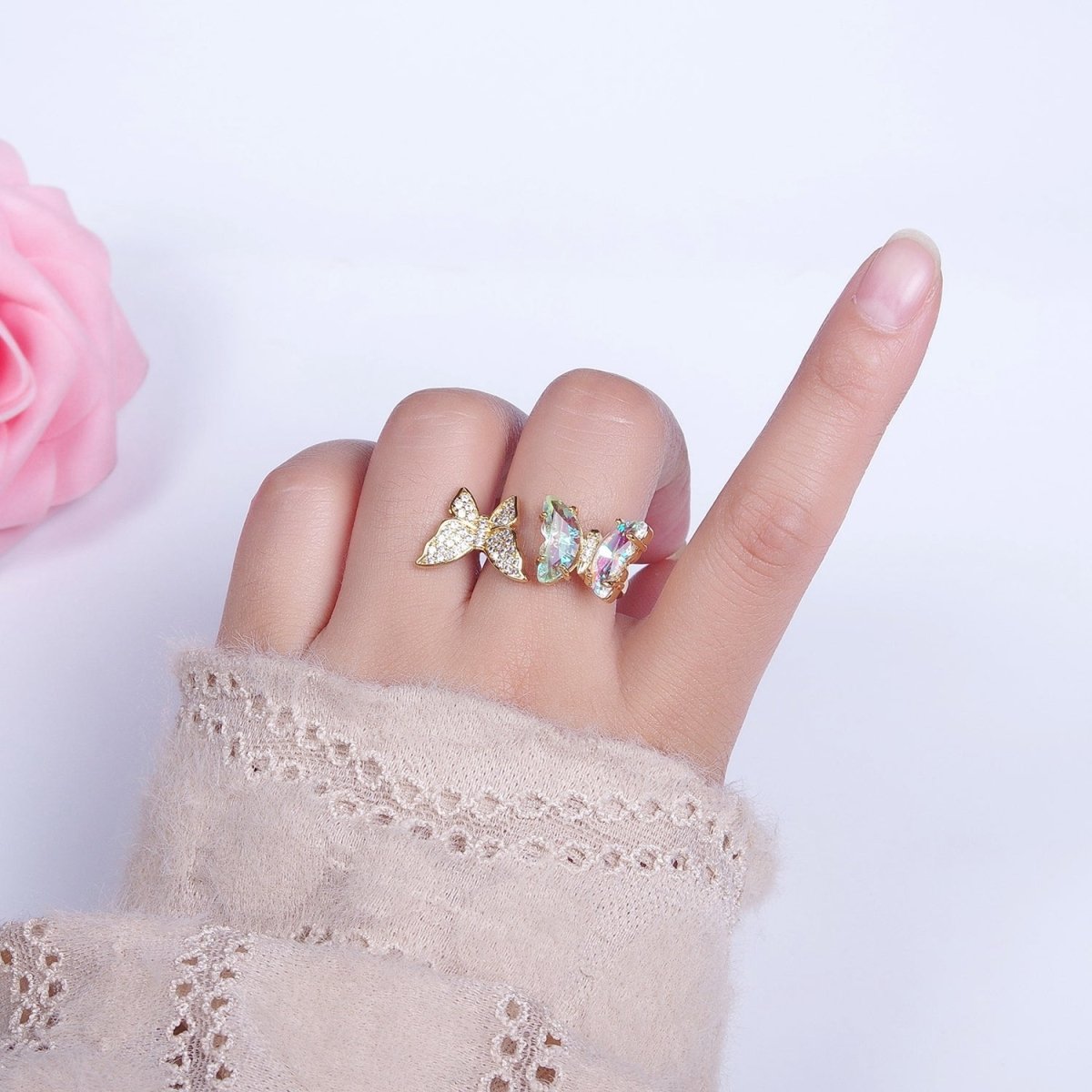 24K Gold plated Micro Pave Cubic Zirconia Butterfly & Acrylic Mariposa Double Insect Butterfly Open Ring S-243 - DLUXCA
