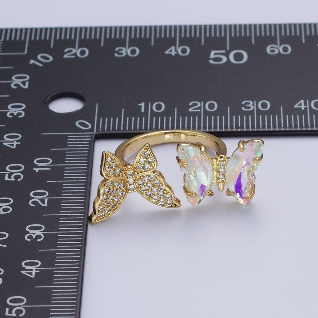 24K Gold plated Micro Pave Cubic Zirconia Butterfly & Acrylic Mariposa Double Insect Butterfly Open Ring S-243 - DLUXCA