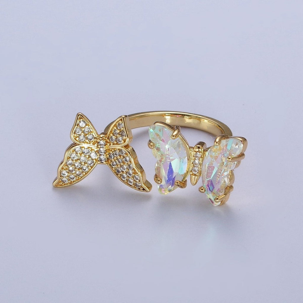 24K Gold plated Micro Pave Cubic Zirconia Butterfly & Acrylic Mariposa Double Insect Butterfly Open Ring S-243 - DLUXCA
