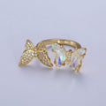 24K Gold plated Micro Pave Cubic Zirconia Butterfly & Acrylic Mariposa Double Insect Butterfly Open Ring S-243 - DLUXCA