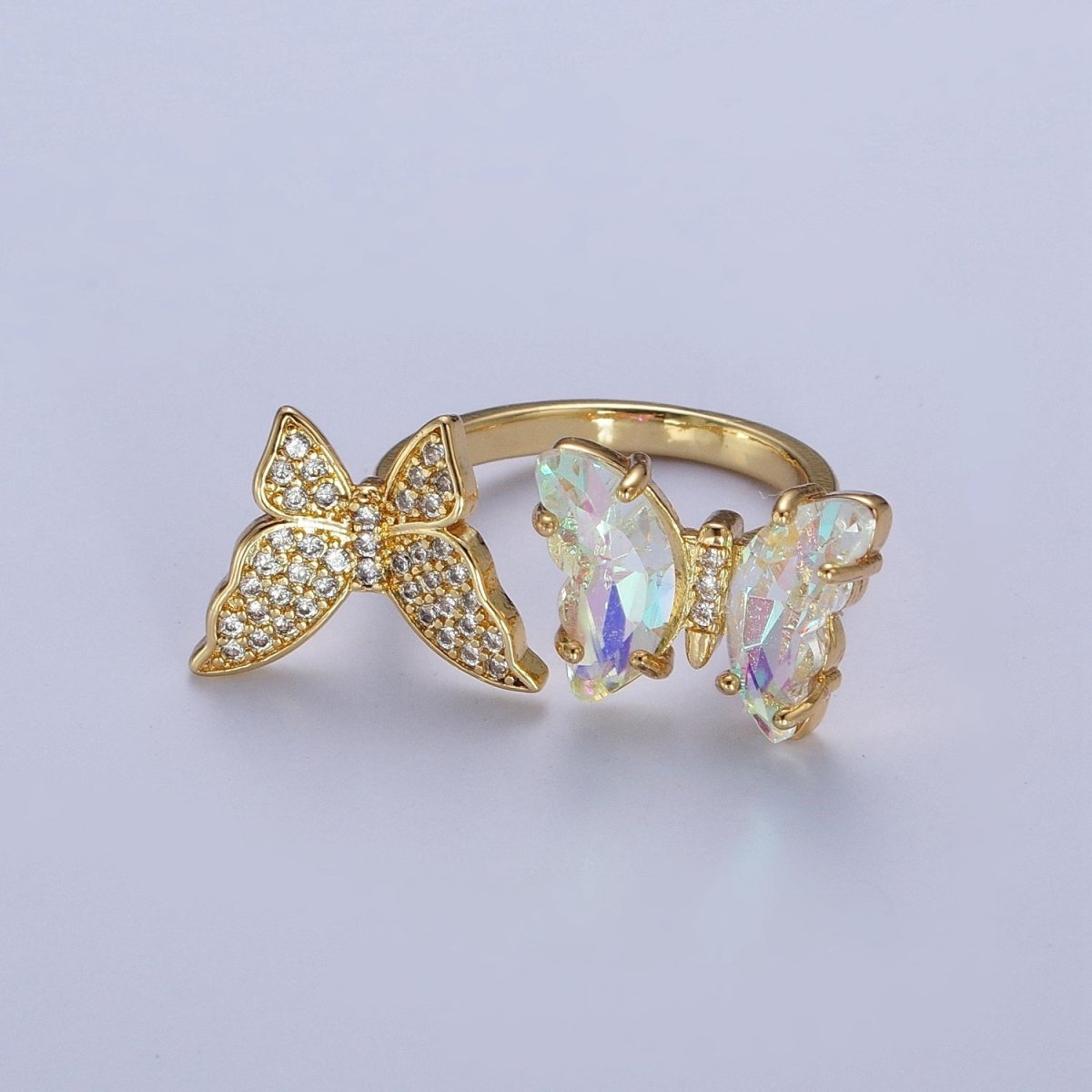 24K Gold plated Micro Pave Cubic Zirconia Butterfly & Acrylic Mariposa Double Insect Butterfly Open Ring S-243 - DLUXCA