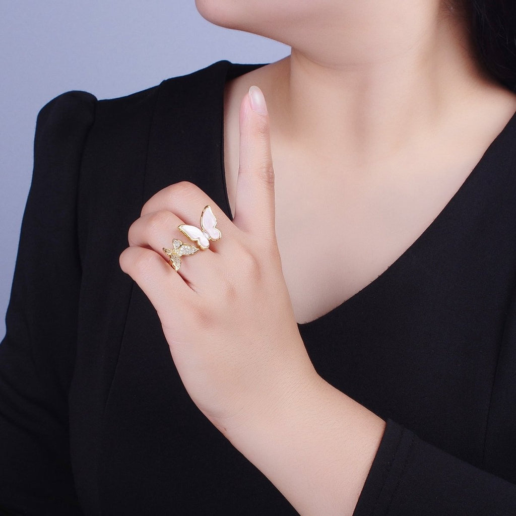 24K Gold plated Micro Pave Cubic Zirconia Butterfly & Shell Mariposa Double Insect Butterfly Open Ring S-244 - DLUXCA