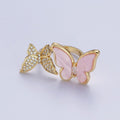 24K Gold plated Micro Pave Cubic Zirconia Butterfly & Shell Mariposa Double Insect Butterfly Open Ring S-244 - DLUXCA