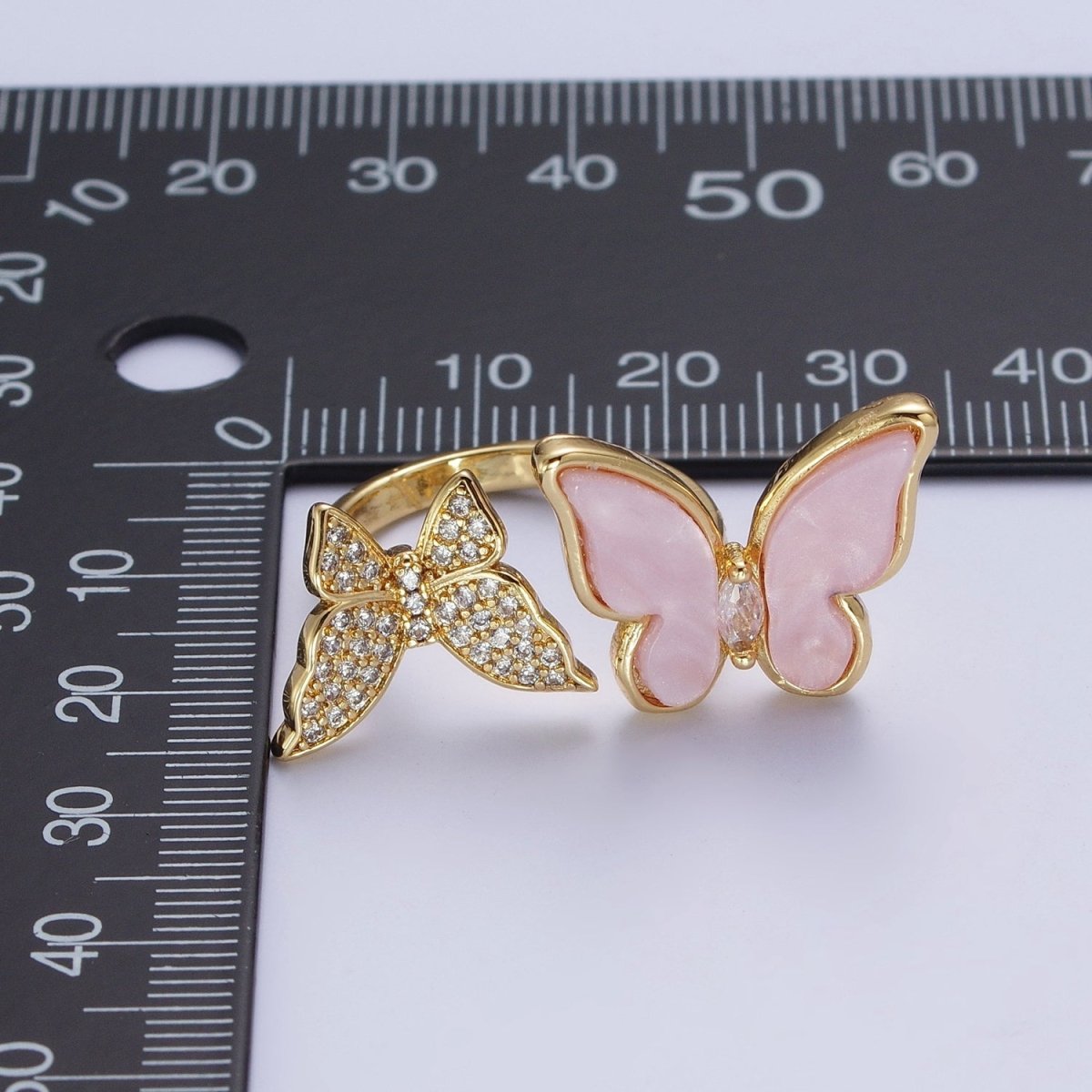 24K Gold plated Micro Pave Cubic Zirconia Butterfly & Shell Mariposa Double Insect Butterfly Open Ring S-244 - DLUXCA