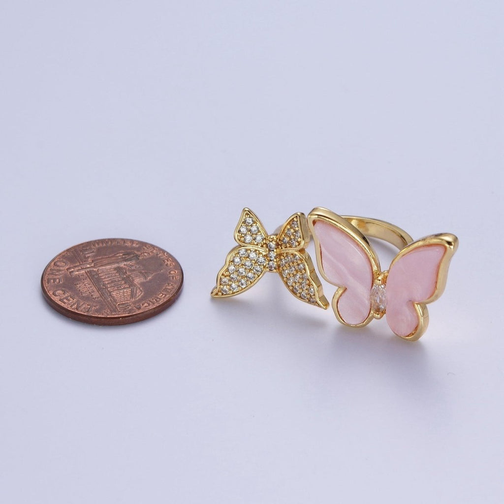 24K Gold plated Micro Pave Cubic Zirconia Butterfly & Shell Mariposa Double Insect Butterfly Open Ring S-244 - DLUXCA
