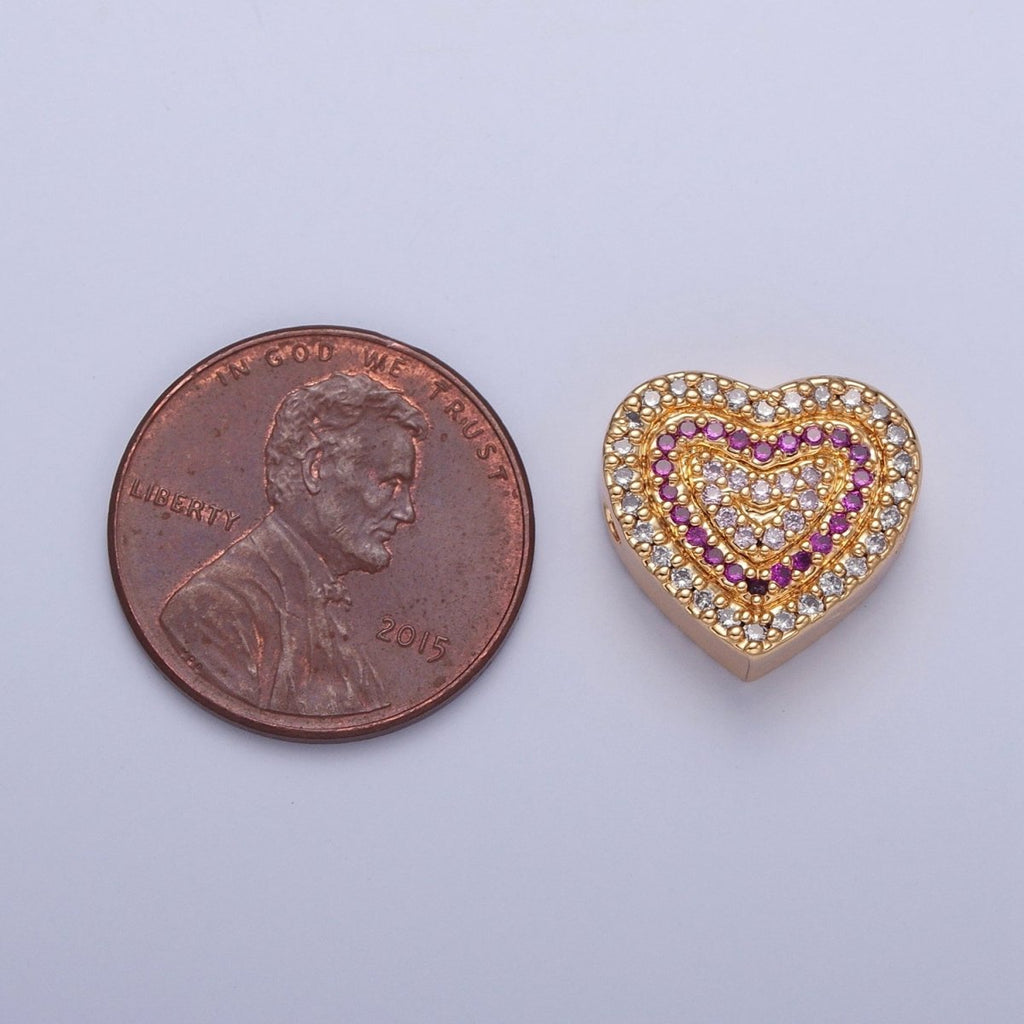 24K Gold plated Micro Pave Cubic Zirconia Heart Spacer Bead, Multicolor Cubic Zirconia CZ Valentine Love Jewelry Making Component W-898 W-899 W-900 W-901