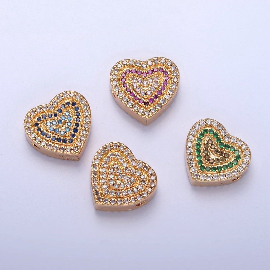 24K Gold plated Micro Pave Cubic Zirconia Heart Spacer Bead, Multicolor Cubic Zirconia CZ Valentine Love Jewelry Making Component W-898 W-899 W-900 W-901