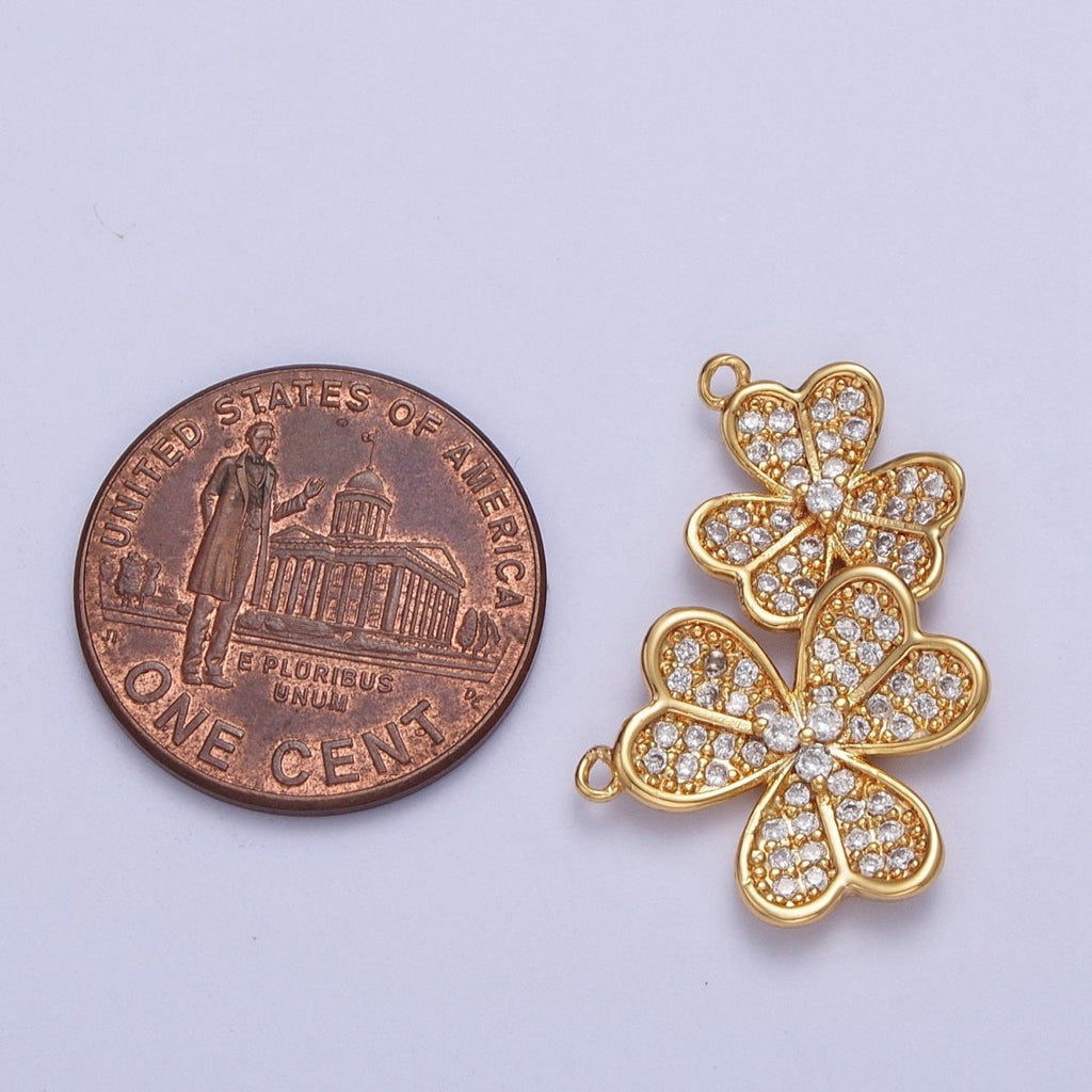 24K Gold plated Micro Pave Cubic Zirconia Nature Lucky Clover Leaf Connector F-489 - DLUXCA