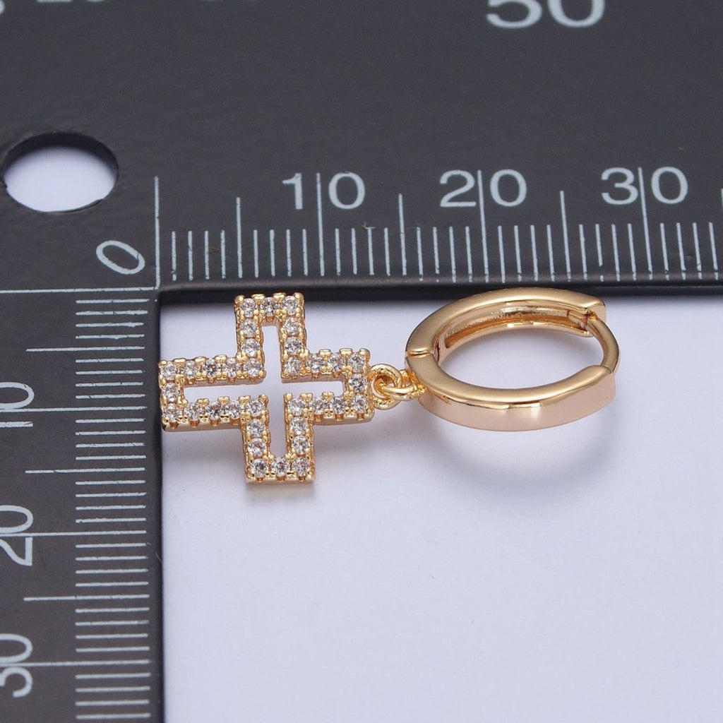 24K Gold plated Micro Pave Cubic Zirconia Religious Cross Charm Dangle Huggie Hoop Earrings P-177 - DLUXCA