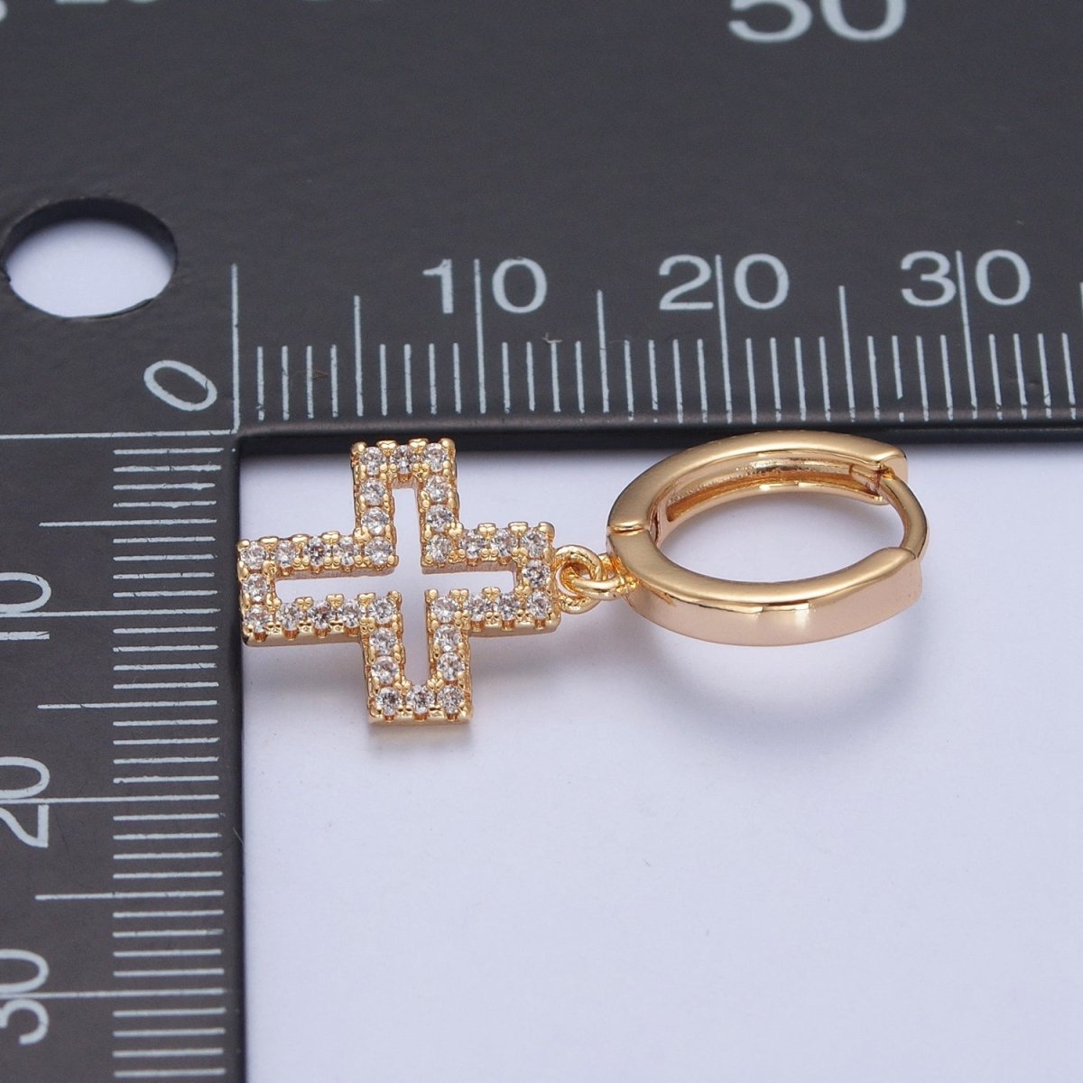 24K Gold plated Micro Pave Cubic Zirconia Religious Cross Charm Dangle Huggie Hoop Earrings P-177 - DLUXCA