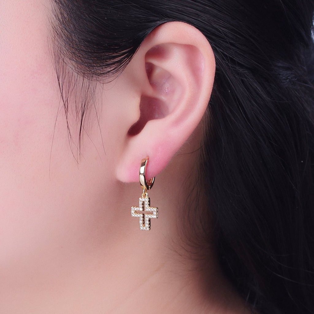 24K Gold plated Micro Pave Cubic Zirconia Religious Cross Charm Dangle Huggie Hoop Earrings P-177 - DLUXCA