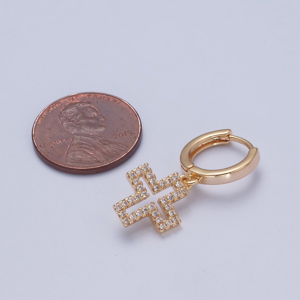 24K Gold plated Micro Pave Cubic Zirconia Religious Cross Charm Dangle Huggie Hoop Earrings P-177 - DLUXCA
