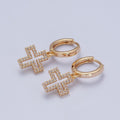 24K Gold plated Micro Pave Cubic Zirconia Religious Cross Charm Dangle Huggie Hoop Earrings P-177 - DLUXCA