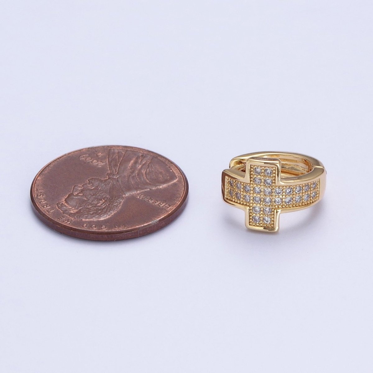 24K Gold plated Micro Pave Cubic Zirconia Religious Cross Huggie Hoop Earrings T-037 - DLUXCA
