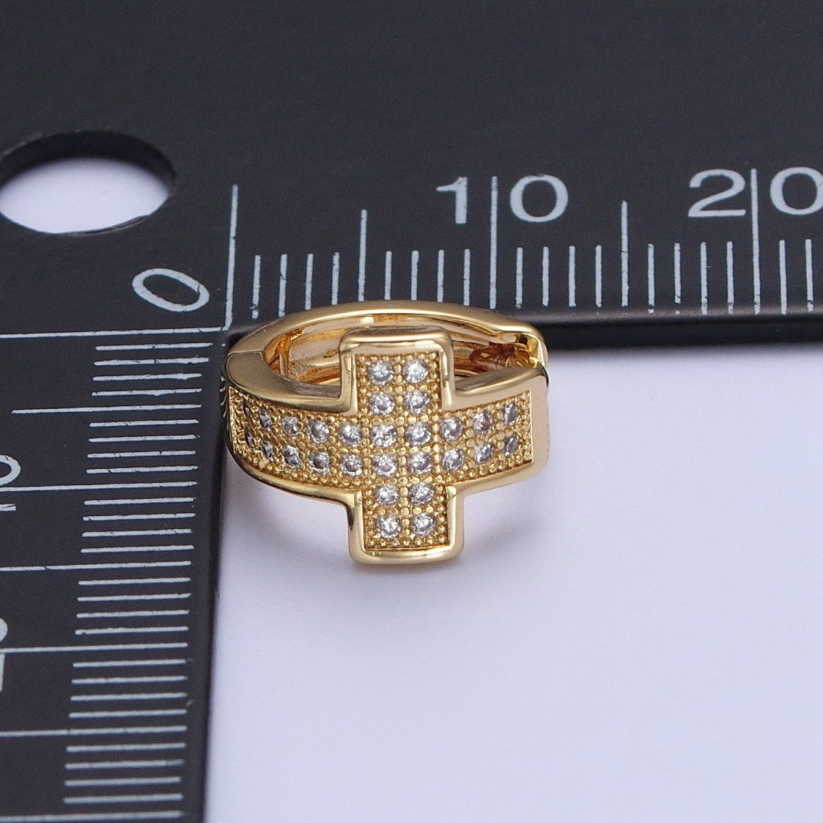 24K Gold plated Micro Pave Cubic Zirconia Religious Cross Huggie Hoop Earrings T-037 - DLUXCA
