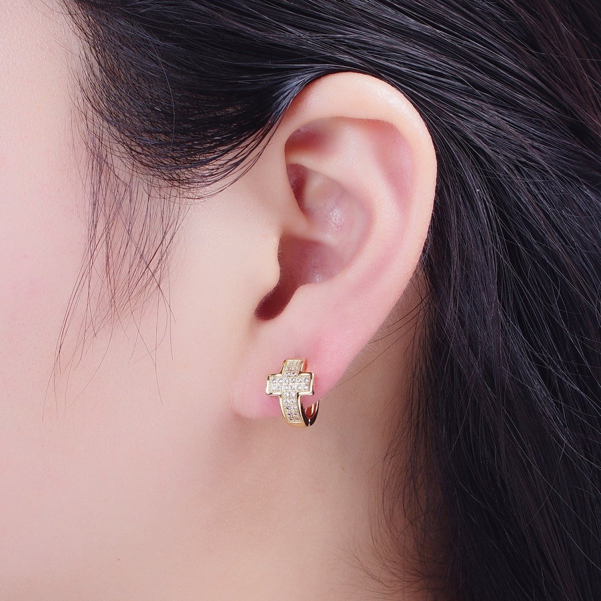 24K Gold plated Micro Pave Cubic Zirconia Religious Cross Huggie Hoop Earrings T-037 - DLUXCA