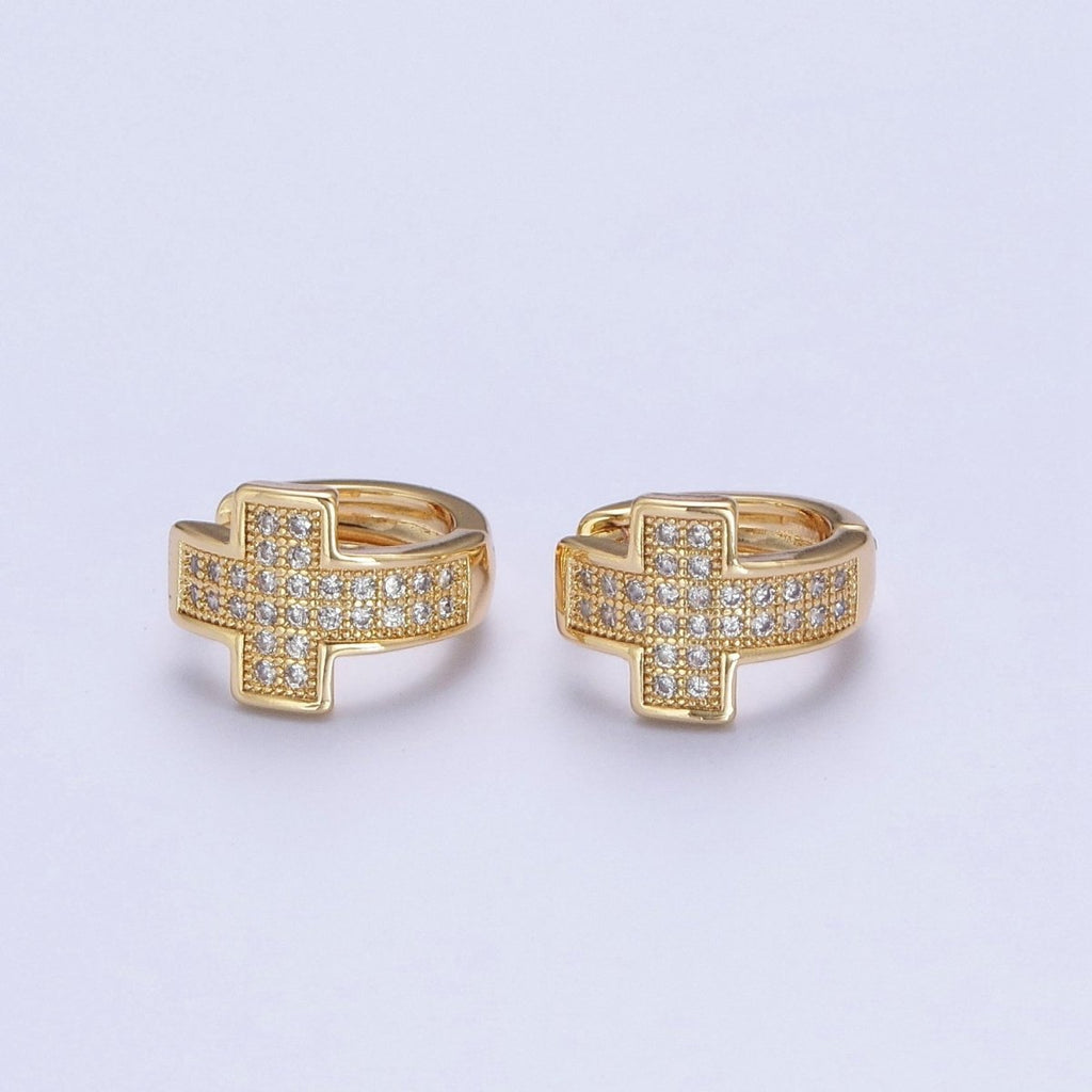 24K Gold plated Micro Pave Cubic Zirconia Religious Cross Huggie Hoop Earrings T-037 - DLUXCA