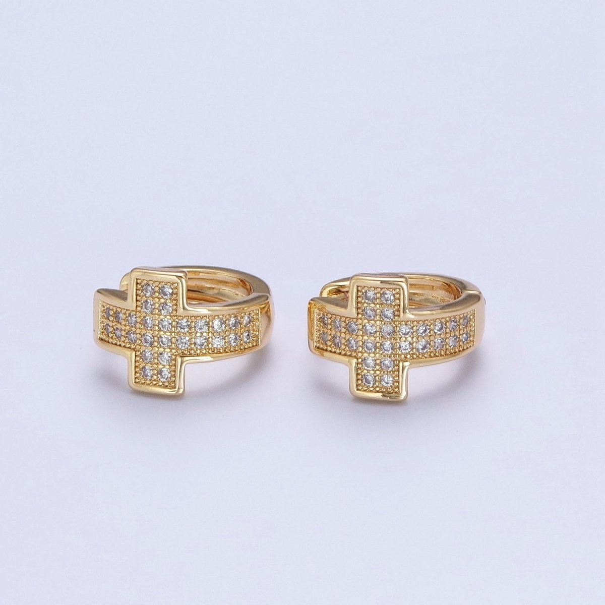 24K Gold plated Micro Pave Cubic Zirconia Religious Cross Huggie Hoop Earrings T-037 - DLUXCA
