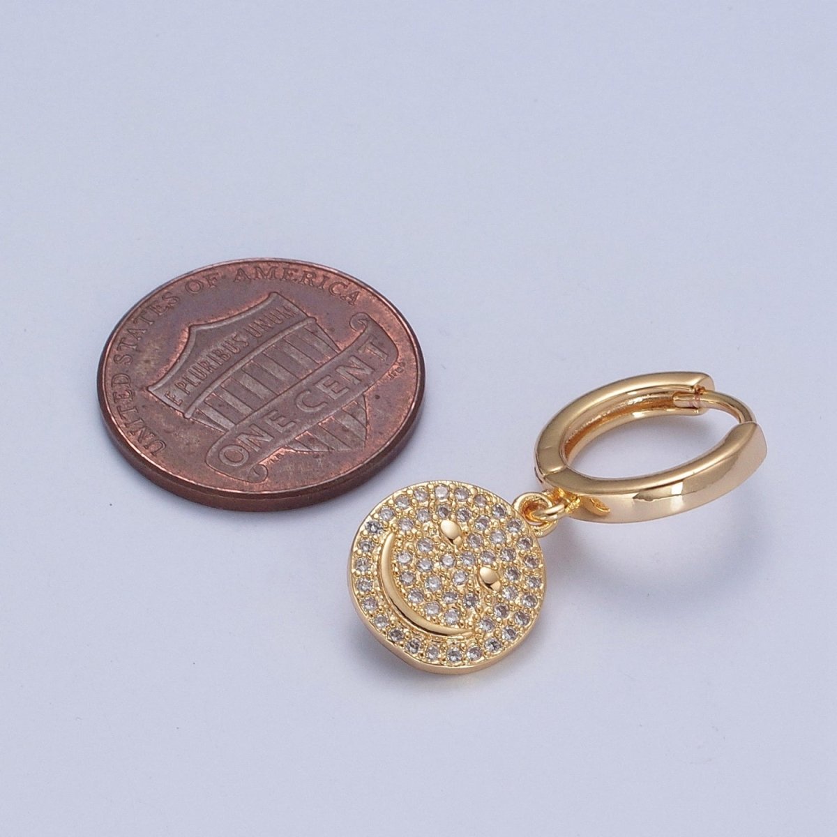 24K Gold plated Micro Pave Cubic Zirconia Smiley Face Charm Dangle Drop Earrings T-131 - DLUXCA