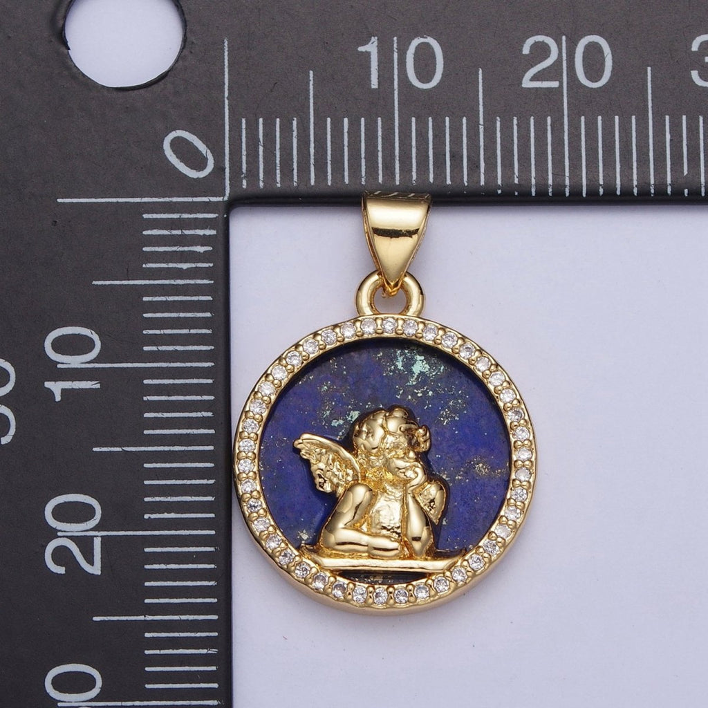 24K Gold plated Micro Pave CZ Blue Lapiz Angel Child Round Medallion Pendant For Jewelry Necklace Making X-427 - DLUXCA