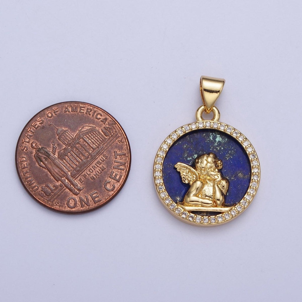 24K Gold plated Micro Pave CZ Blue Lapiz Angel Child Round Medallion Pendant For Jewelry Necklace Making X-427 - DLUXCA