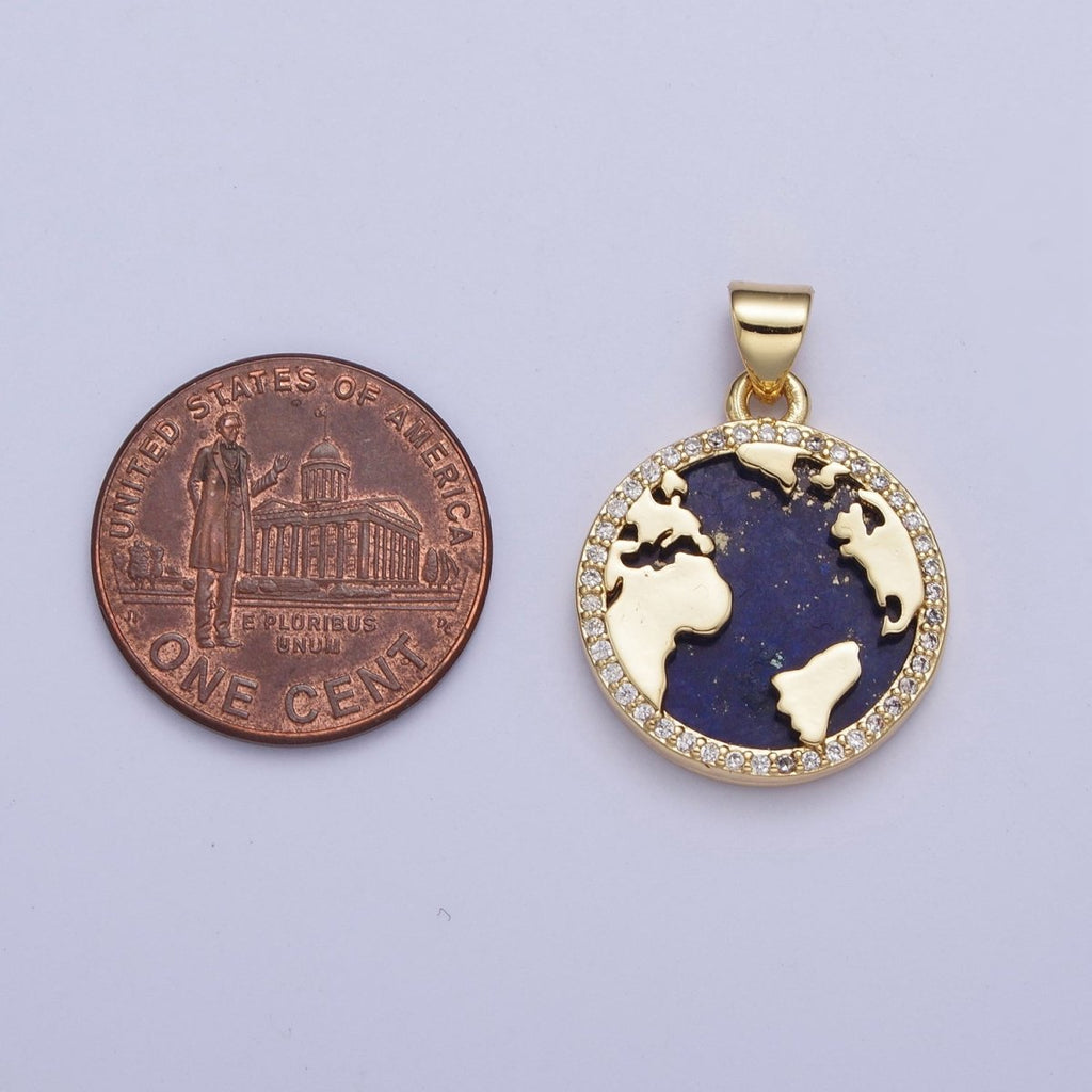 24K Gold plated Micro Pave CZ Blue Lapiz Globe World Map Medallion Pendant For Traveler Gift X-426 - DLUXCA
