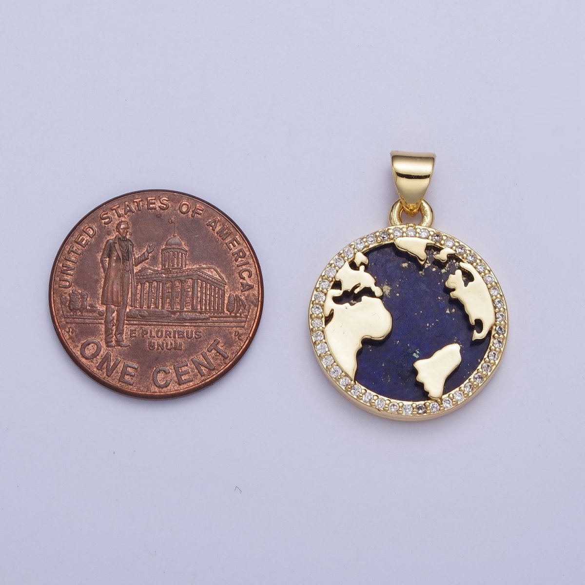 24K Gold plated Micro Pave CZ Blue Lapiz Globe World Map Medallion Pendant For Traveler Gift X-426 - DLUXCA